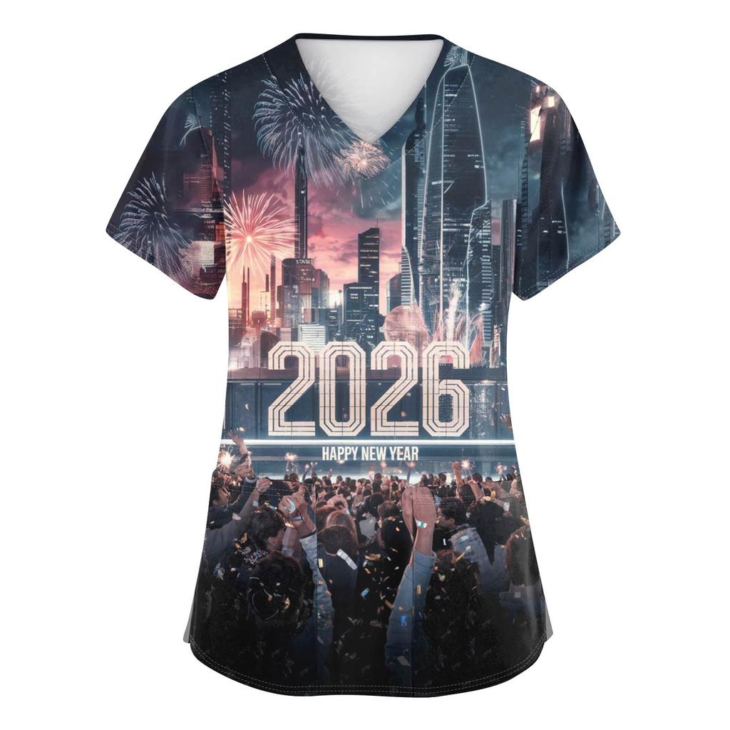 Damenmode Bedruckte Kurzarm-Oberteile mit V-Ausschnitt und Muster, Taschen, Arbeits-T-Shirts