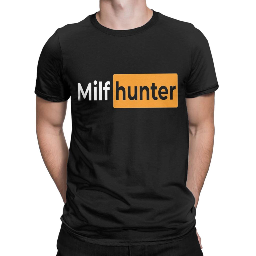 Cool Or Funny Men's T Shirts   Milf hunter Sticker Novelty Tees Short Sleeve O Neck T-Shirts Pure Cotton Gift Idea Clothing