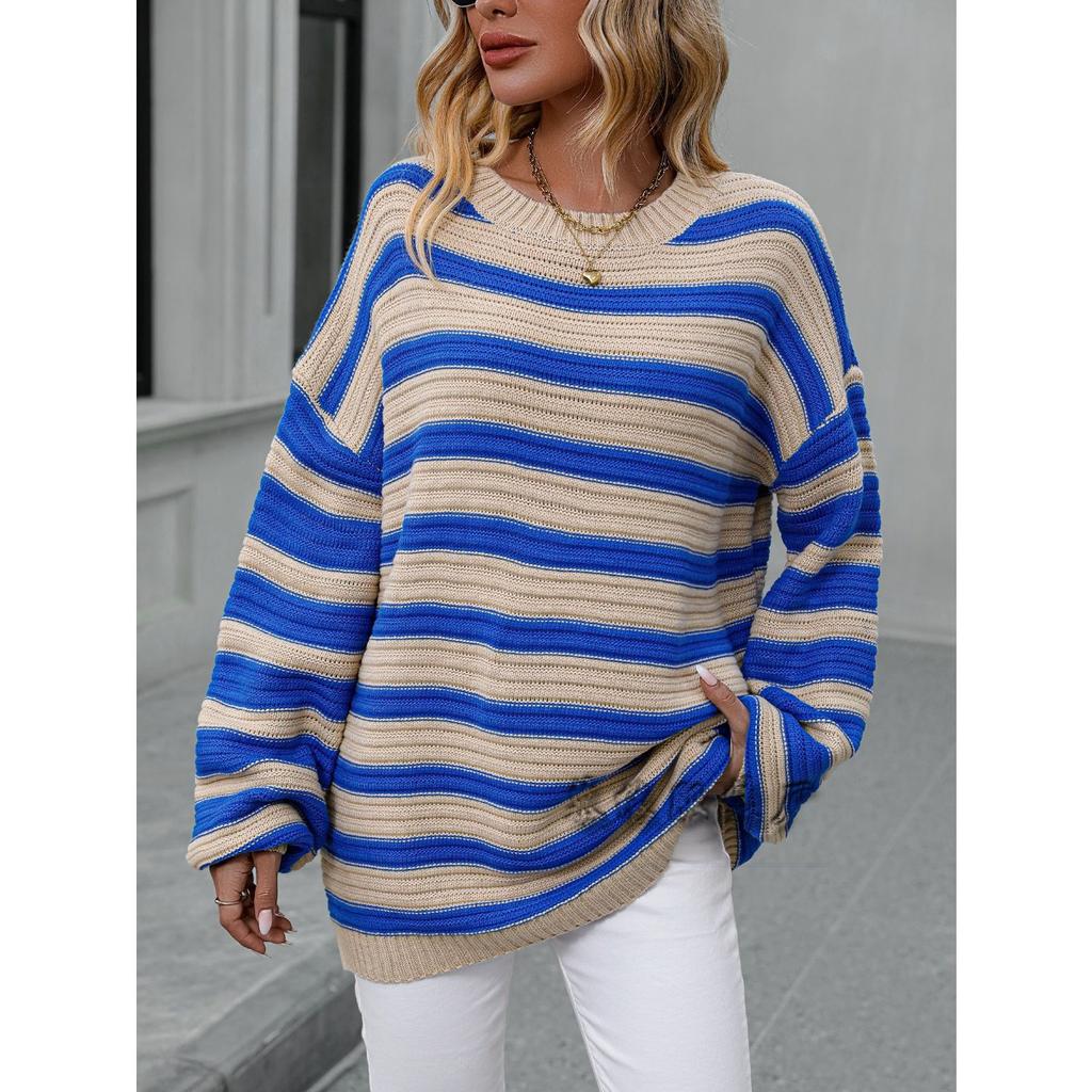 Women's Crew Neck Long Sleeve Sweater Loose Fit Casual Horizontal Stripe Acrylic Knit Pullover