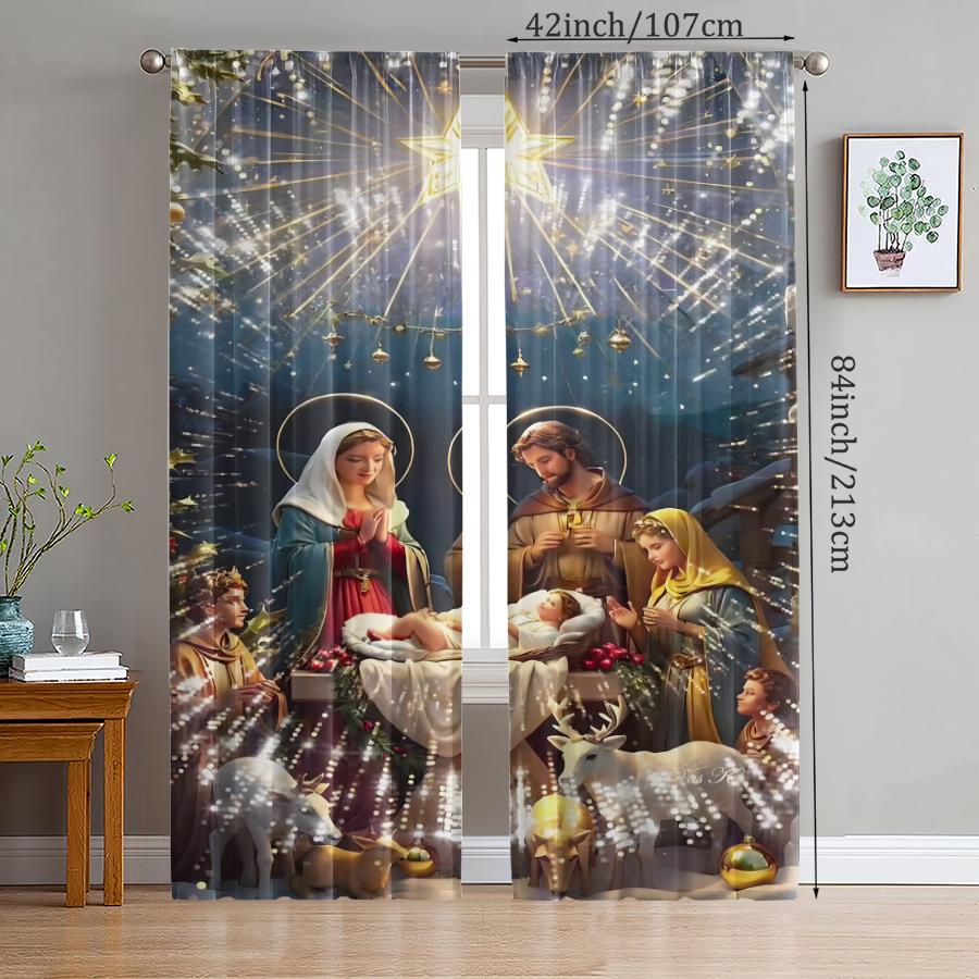 Set Of 2 Christmas Savior Jesus Pattern Printed Curtains Decorations Home Room Curtain Made Polyester