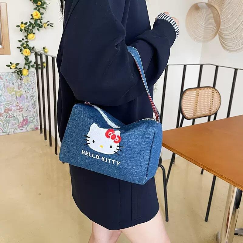 Cartoon Kitty Cat Denim Handbag Portable Kawaii Plush Bags Casual Handbag Cute Kitty Cat Makeup Bag Girls Women's shoulder bag