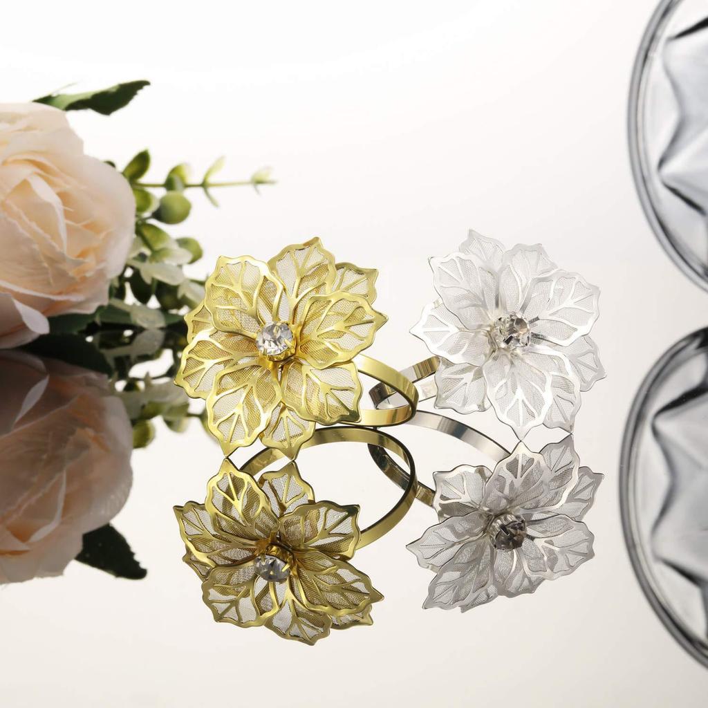 Metal Hollow Flower Rhinestone Napkin Ring for Home and Restaurant Table Decor