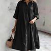 V-neck Half Sleeved Cotton Linen Medium To Long Dresses Loose Fit Three Button Pocket Women's Dresses
