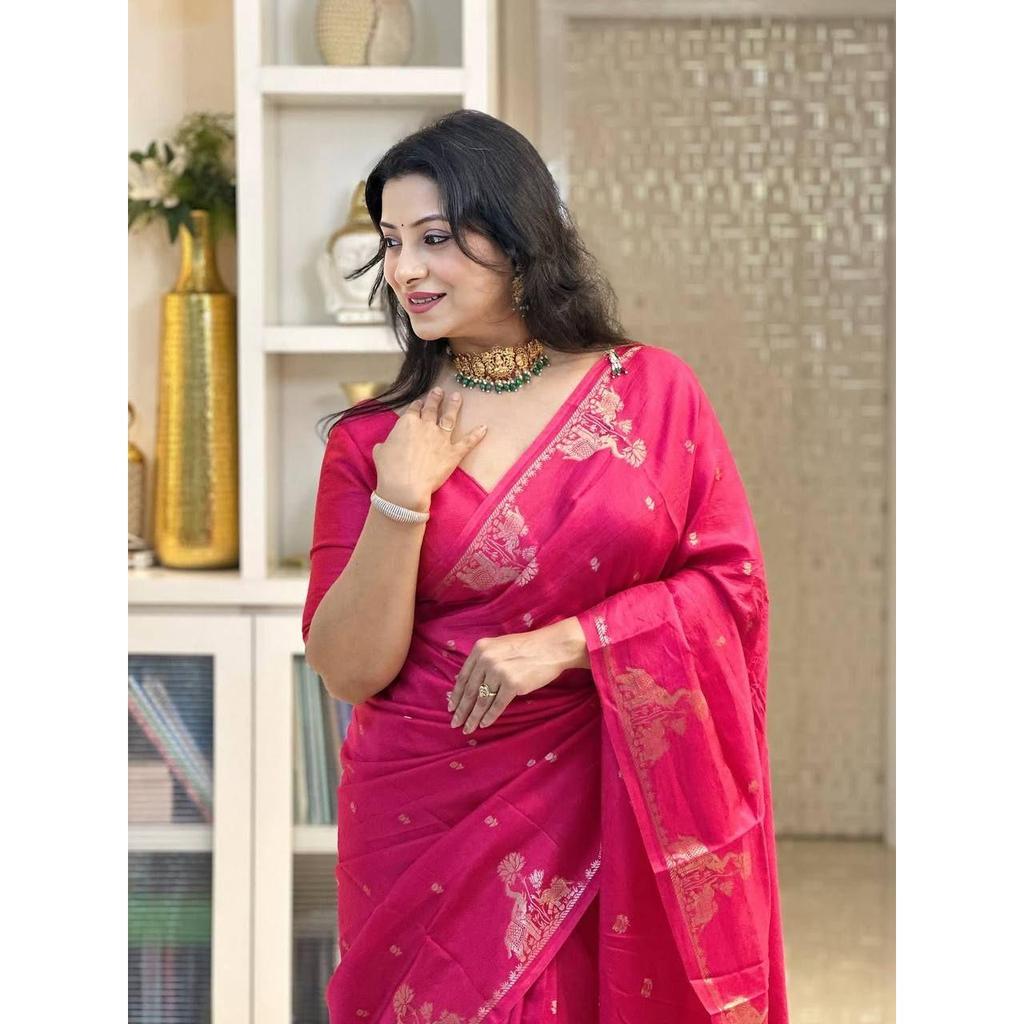 New Launch – Elegant Soft Banarasi Silk Saree with Pure Golden Zari Weaving & Royal Heavy Brocade Blouse