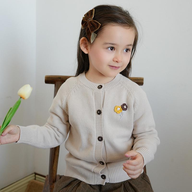 Korejský styl Ručně vyšívané květiny Dívčí pletený kardigan Bunda Čistá bavlna A-třída Dětský svetr kardigan