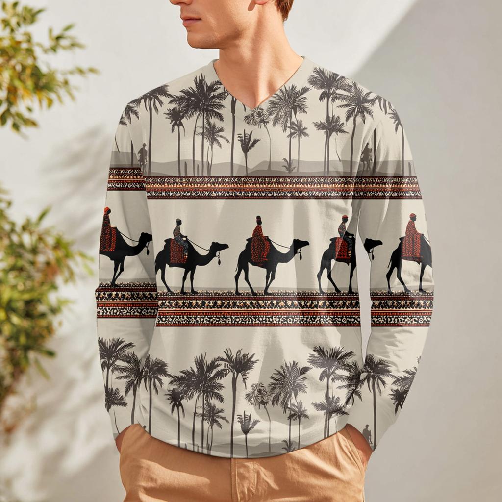 Men's V-neck Casual Fashion Printed Long-sleeved T-shirt Top