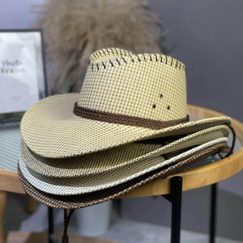 Solid Color Straw Hat Fashion Plaid Western Cowboy Hat Fashion Panama Hat  for Men and Women