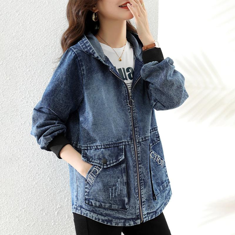 

Женская джинсовая куртка средней и длинной длины, новая весенняя, свободная, с большим карманом, повседневная, с капюшоном, цветная, джинсовая, трендовая 3XL синий