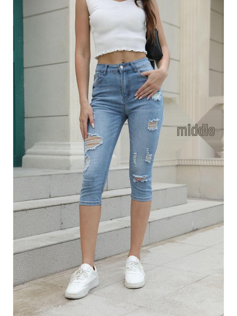Women's Light-Colored Elastic Capri Ripped Jeans - Popular in Southeast Asia