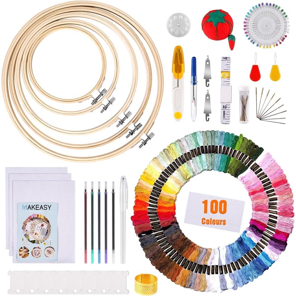 Embroidery Beginner Set, 205 pieces, including cross-stitch kits, embroidery threads in 100 colors, 3 pieces of fabric, and 5 bamboo embroidery hoops