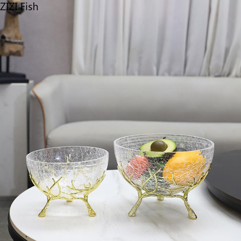 Ice Cracked Texture Fruits Bowl Golden Branches Bracket Glass Storage Tray Snacks and Nuts Bowl Home Kitchen Dessert Cutlery