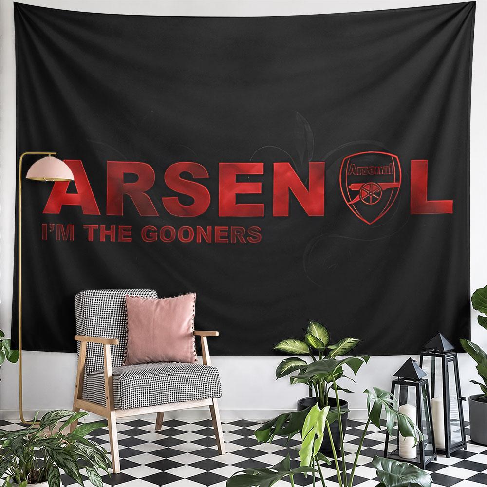 Bold red "ARSENAL" text with logo and "I'M THE GOONERS" on a dark background. Patterned tapestry for bedroom and living room home decor