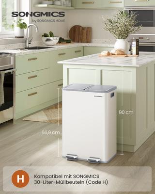 Poubelle de cuisine, 2 x 8 gallons (2 x 30 L) Poubelle à pédale double compartiment avec couvercle à fermeture douce et seaux intérieurs, Acier, Inclut 15 sacs poubelle