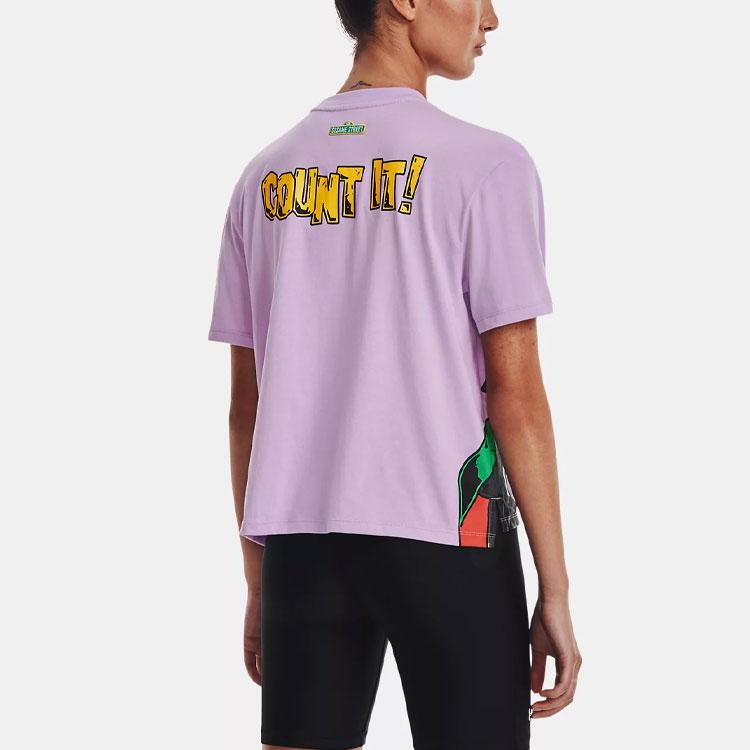 Under Armour X Sesame Street Cartoon Letter Print Basketball Sports High Neck Short Sleeve T-Shirt Women Tops Purple 1369705-566