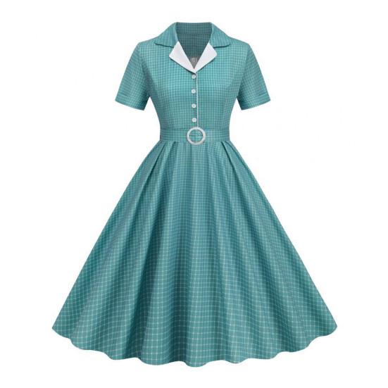 Women Evening Dress Retro Half Single-breasted A-line Big Swing Short Sleeve Turn-down Collar V Neck Plaid Print High Belted Tight