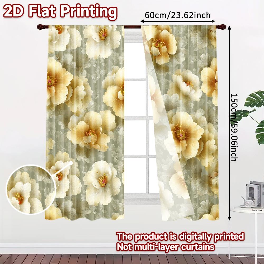 Set Of 2 Flat Printing Curtains Without Rod Floral Peonies Gray New Year Holiday Fabric Curtain Polyester Machine Washable