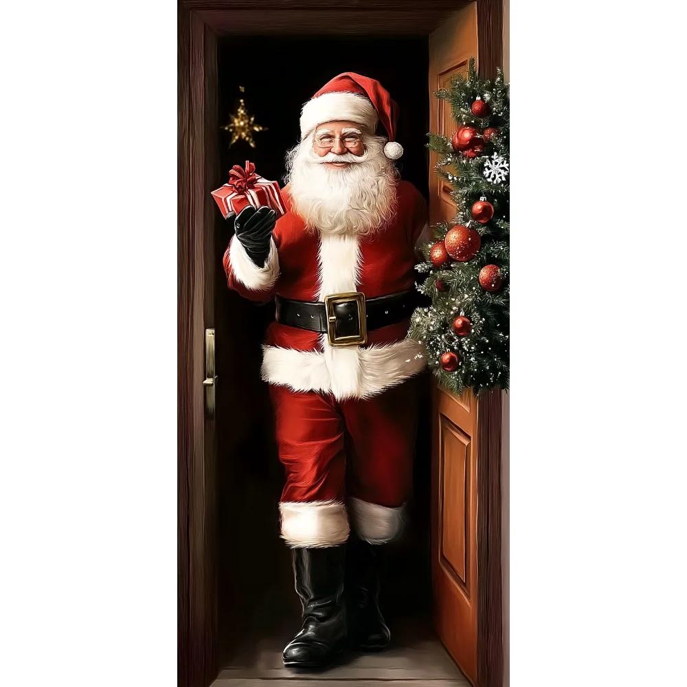 Vivid Santa Claus Send Gift Christmas Door Cover 35.43*72.83inch Banner Front Door Decoration 2025 Christmas Home Party Supplies