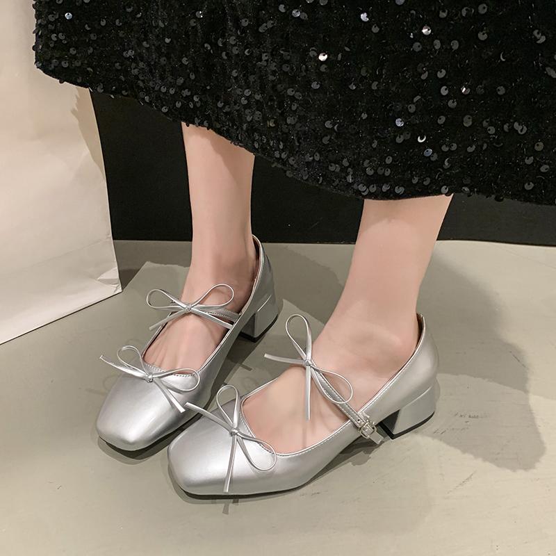 Fashion Summer Square Heel Shoes Women Fashion Square Head Shallow Mouth Butterfly Knot Slip-on Wear Resistant Heel Shoes