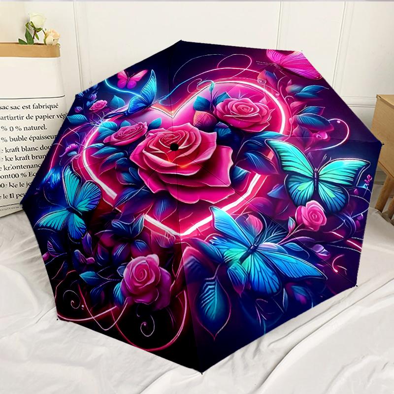 Charming Pink and Blue Roses Umbrella 8-Frame for Travel, Camping, Casual Lightweight Portable Umbrella, Essential for Every Family Holidays Gift