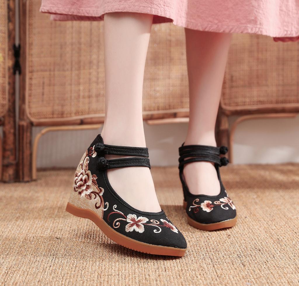 Comemore 2025 High Heels Women Pumps Wedges Ethnic Embroider Chinese Shoes Woman Spring Casual Mary Janes Women's Summer Sandals