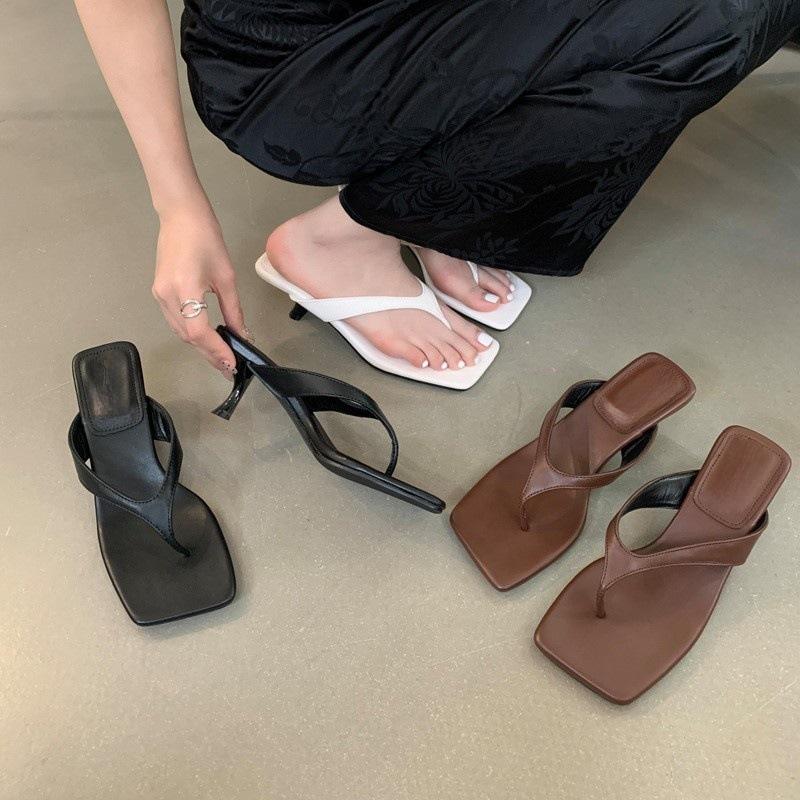 Summer new French high-heeled cat and flip-flops with skirt sandals women's square head stiletto beach shoes