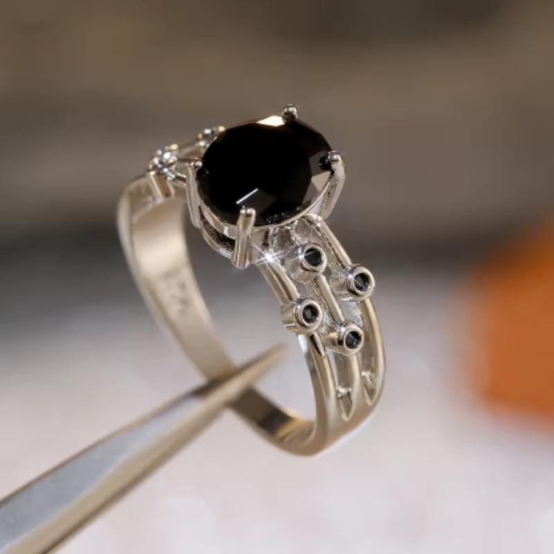 Black Stone Women's Ring Fashion Three Rows Ball Accessories Paired with Simple Black Dress Girl Gift