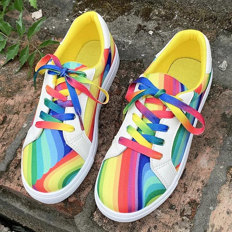 Rainbow Color Lace Up Sneakers Women Casual Non-Slip Platform Vulcanized Shoes Woman 2025 Autumn Flats Running Walking Shoes 43