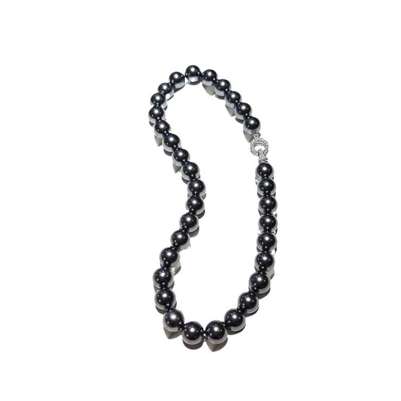 Dive Island Black Shi Jia Pearl Necklace, Collar Chain with Tiny Inlaid Zirconia Round Ring Clasp, Sweater Chain