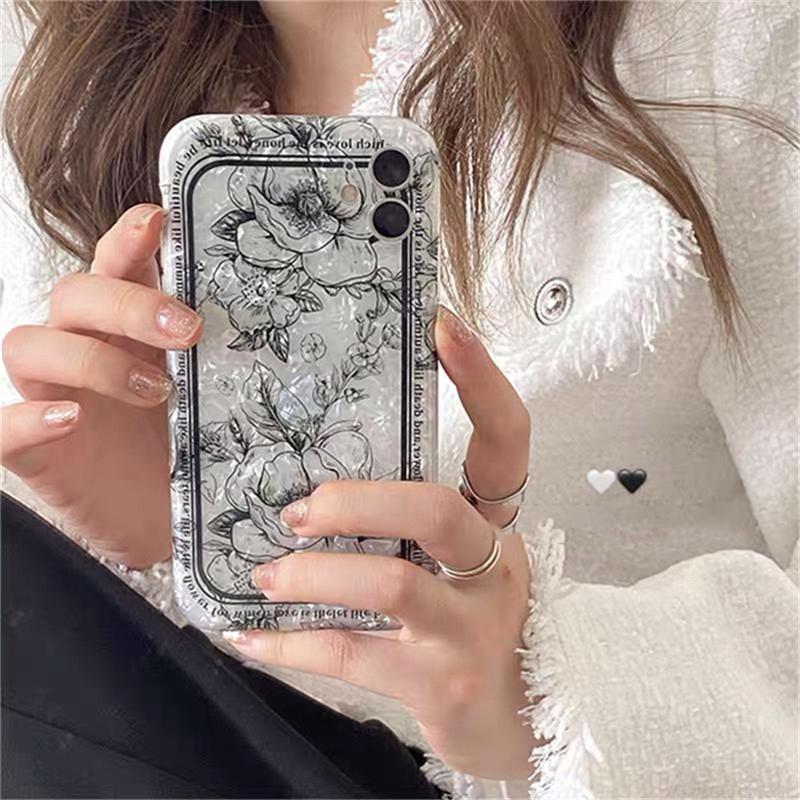 Husă coreeană drăguță cu floare neagră pentru telefon pentru Iphone 11 12 13 Pro Xs Max X Xr 7 8 Plus Se Copertă din spate moale, rezistentă la șocuri