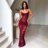 European and American Summer New Fashion Spice Girl Suspender One-word Collar Sexy Perspective Lace Slim Split Dress