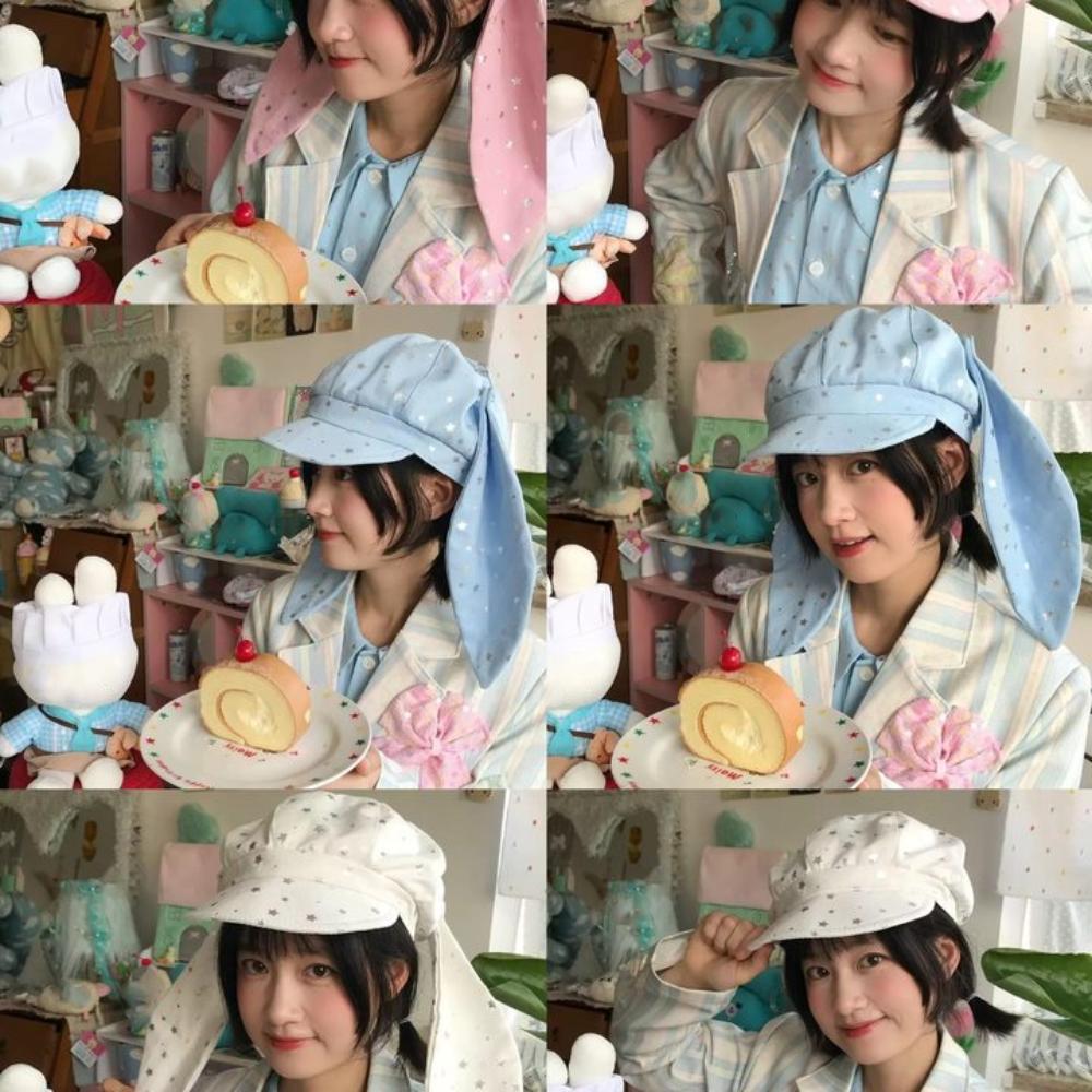 

Cotton Silver Star Bowknot Cap Y2K Bunny Ears Berets Cap Casual Detachable Rabbit Ears Hat Men синій