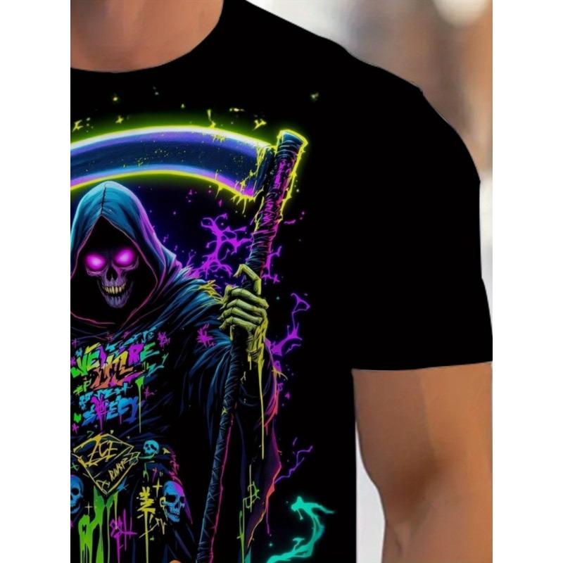 European Sizes Men'S Neon Grim Reaper Graphic T-Shirt - Vibrant Streetwear Tee with Skull & Scythe Design, Black Casual Short Sleeve Tee for Summer,