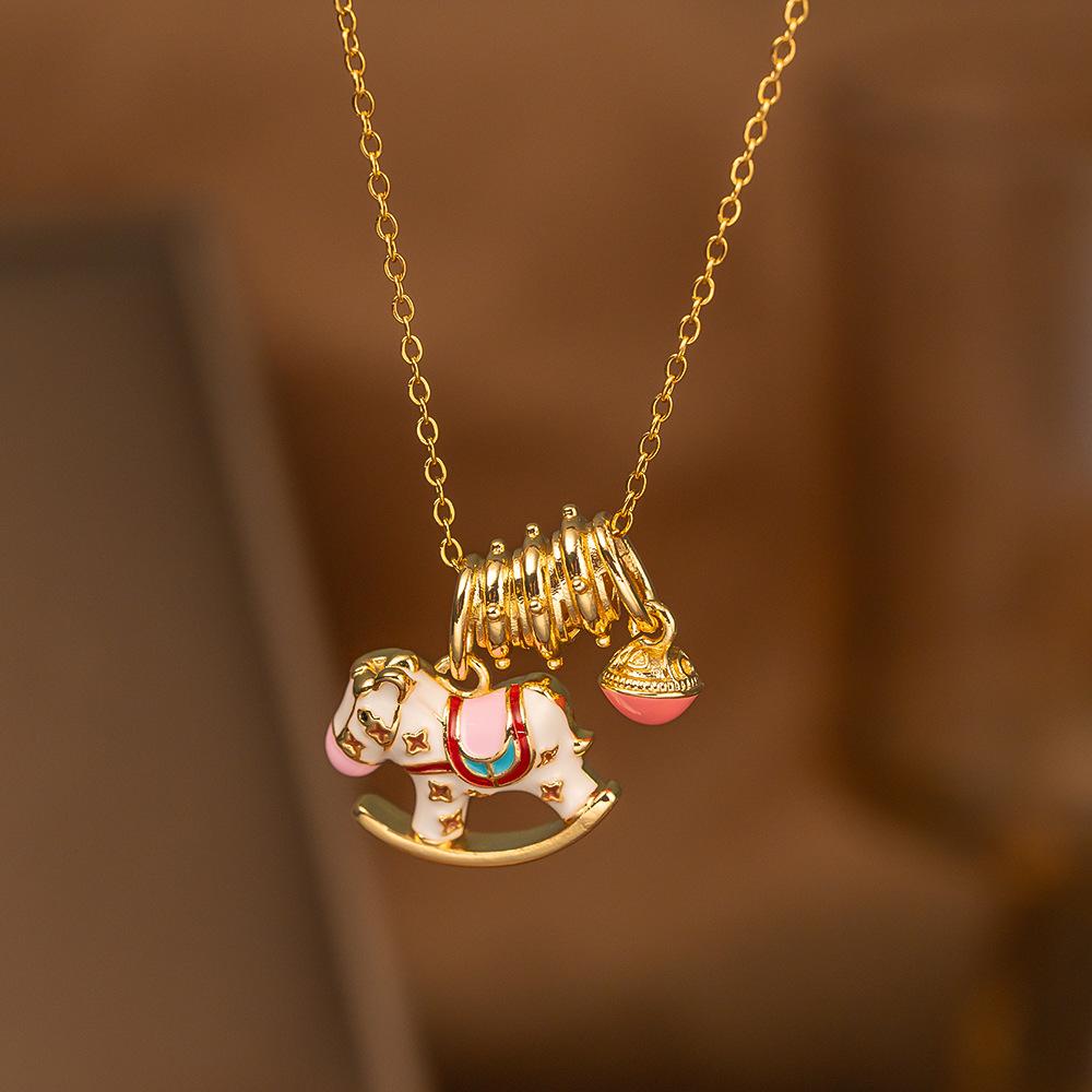 Cute Exquisite Enamel Rocking Horse Donut Pendant Necklace for Women Gold Color Stainless Steel Collar Chain Jewelry Accessories
