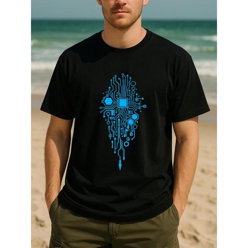 European sizes Blue Technology Circuit Diagram Men's Printed Short-sleeved Shirt, Medium Elasticity and Fashionable Style