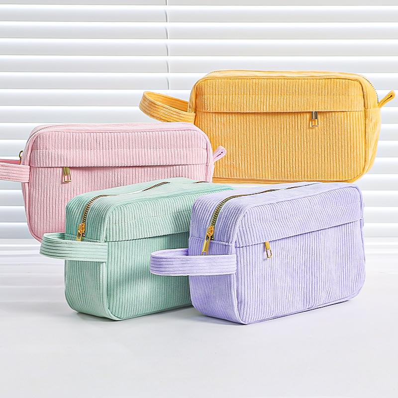 Cream Corduroy Pencil Case Big Capacity Square Shape Pen Case Pouch for Office School Supplies