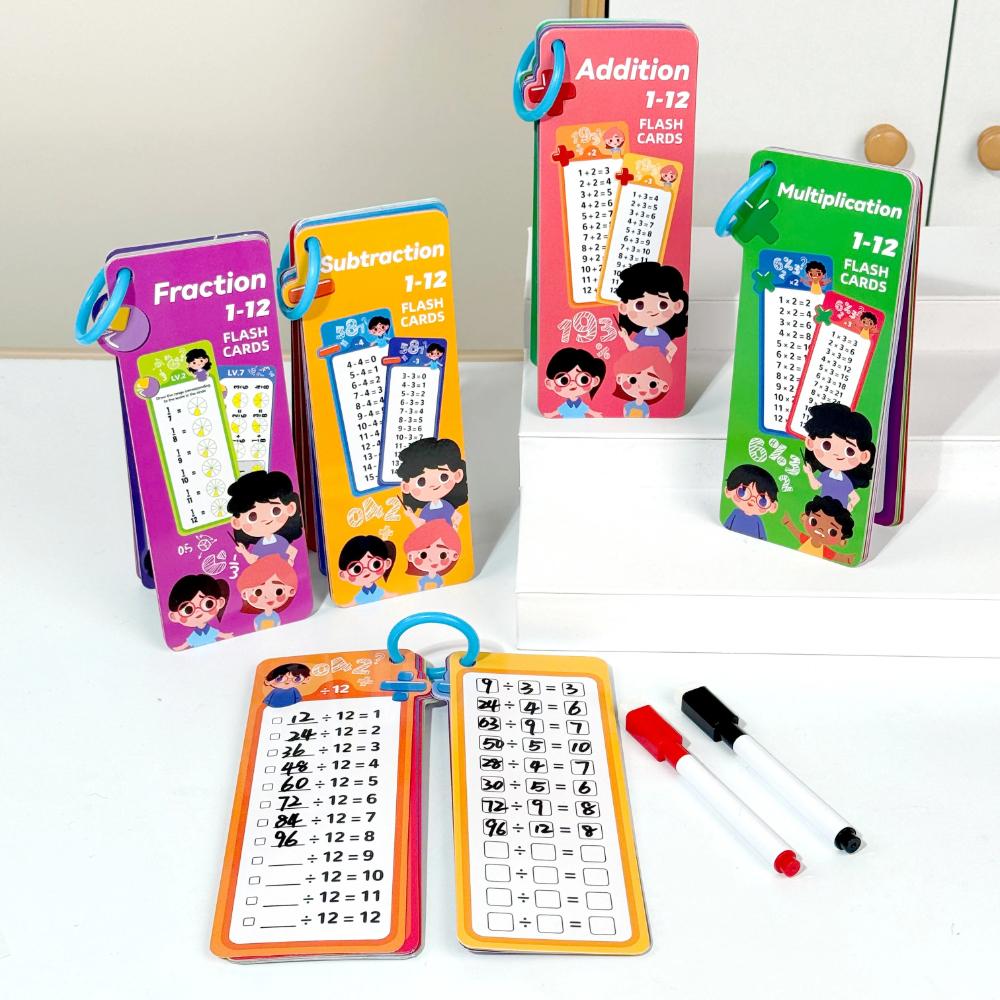 Digital Learning Flash Cards, Addition, Subtraction, Multiplication, Division, Fraction, Math Formula Memory, 15 Cards, Two Erasable Pen Learning Toys