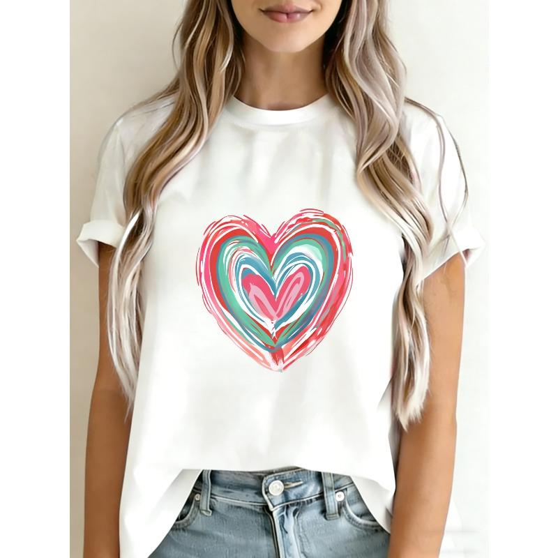 White T Shirt With Colorful Heart Print For Casual Wear