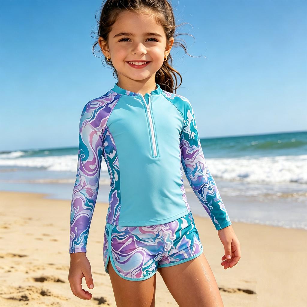 Dívčí Rash Guard Plavky Set Dlouhý Rukáv Zip Vpředu Horní Díl s Tropickým Potiskem a Pasové Plavky Dvoudílné Plavky pro Děti