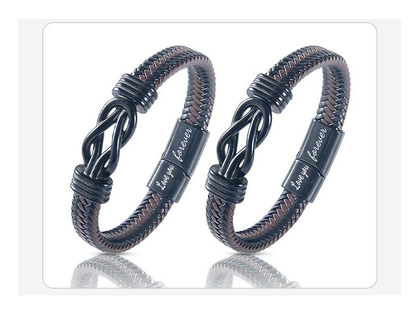 Men's Magnetic Black Twist Stainless Steel and Woven Leather Bracelet