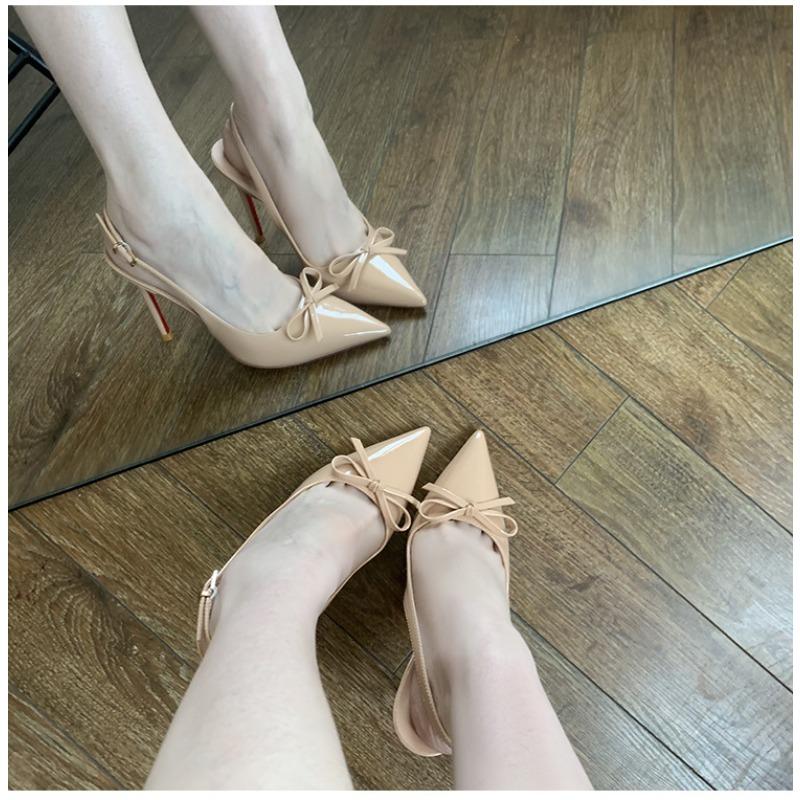 2 New spring and autumn pointed bow ultra-fine heel nude high heels femininity advanced not tired feet black