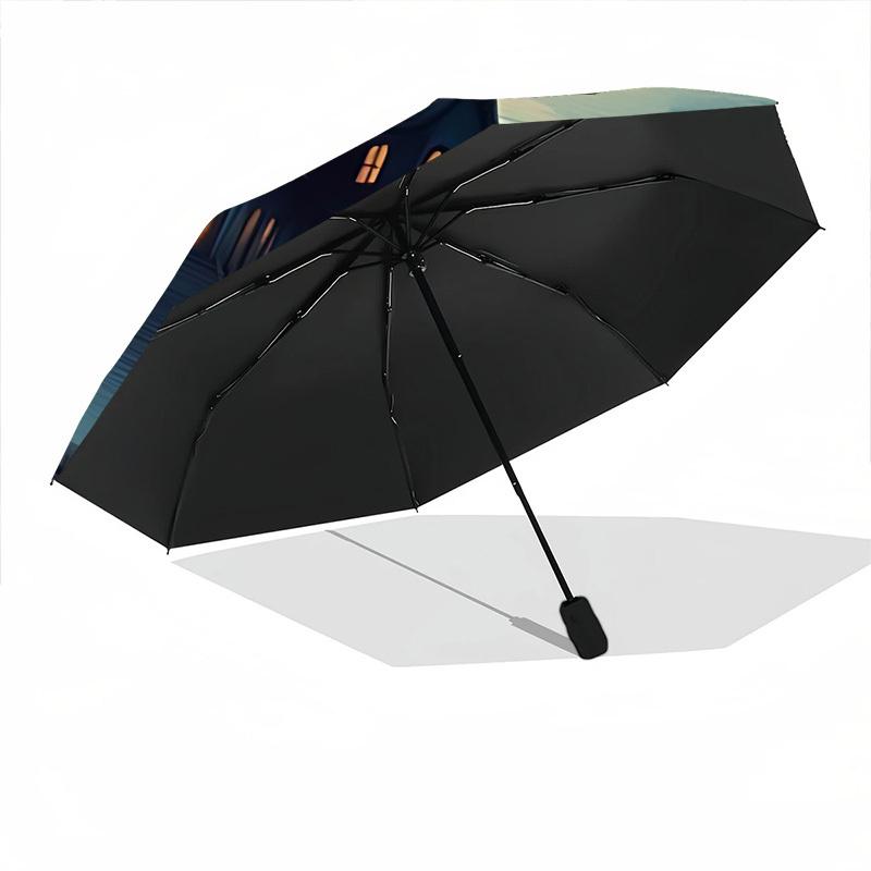 1pc Haunted House Moonlit Night Automatic Folding Umbrella, Lightweight Retractable Compact Travel Umbrella, 8-Rib Sturdy Frame, Fine Outdoor Umbrella