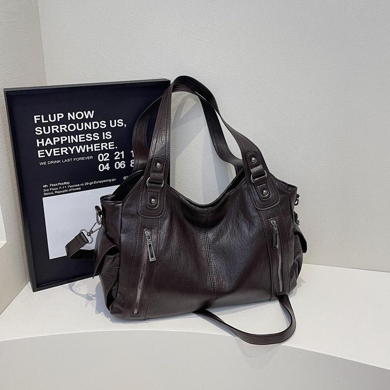 Women's High-End Versatile Korean Tote Bag - Brown Solid Color, Large Capacity, Single Shoulder Fashion Style