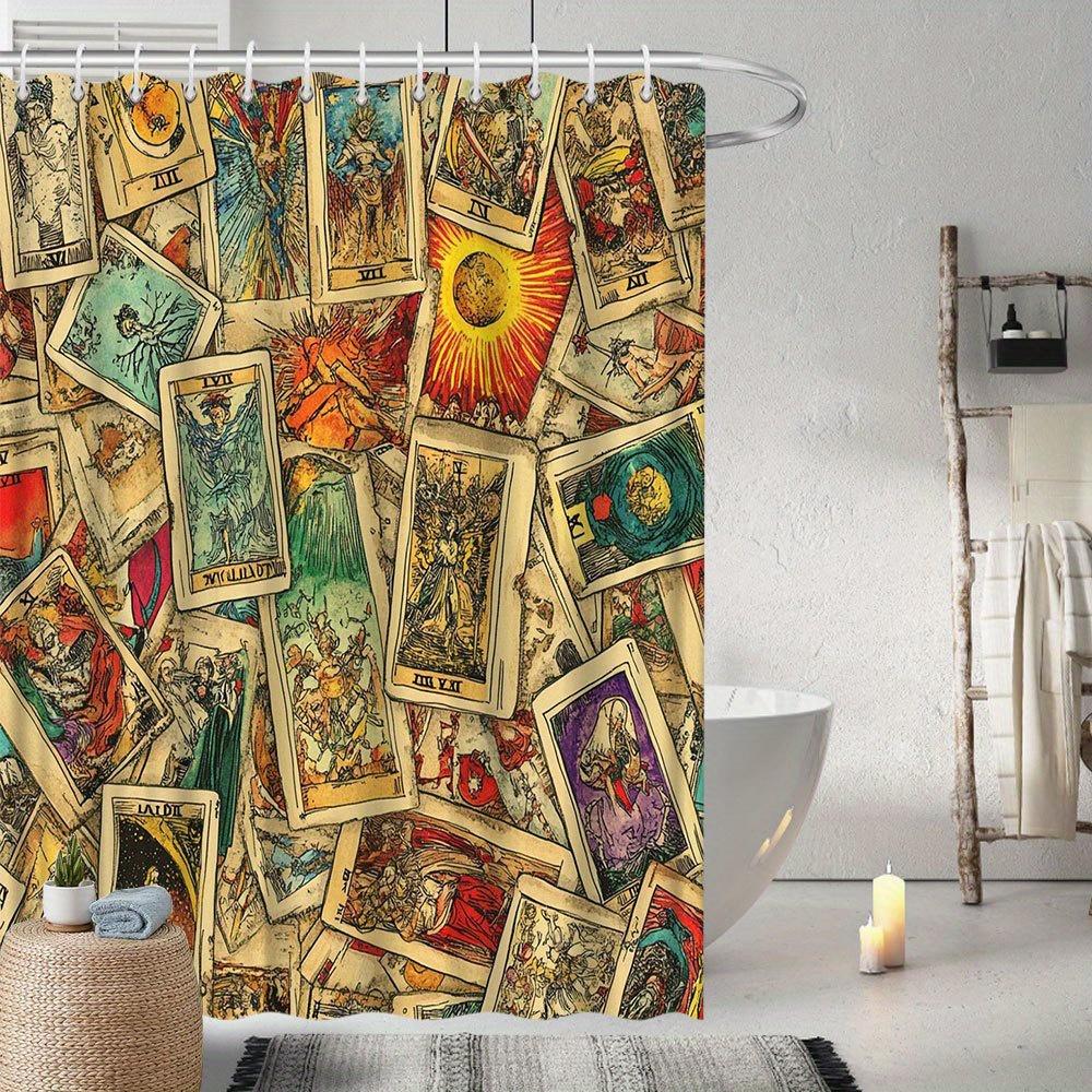 Vintage Tarot Cards Shower Curtain - Intricate Designs, Earthy Tones, 70x70", 12 Hooks, Polyester, Tub & Bathroom Decor
