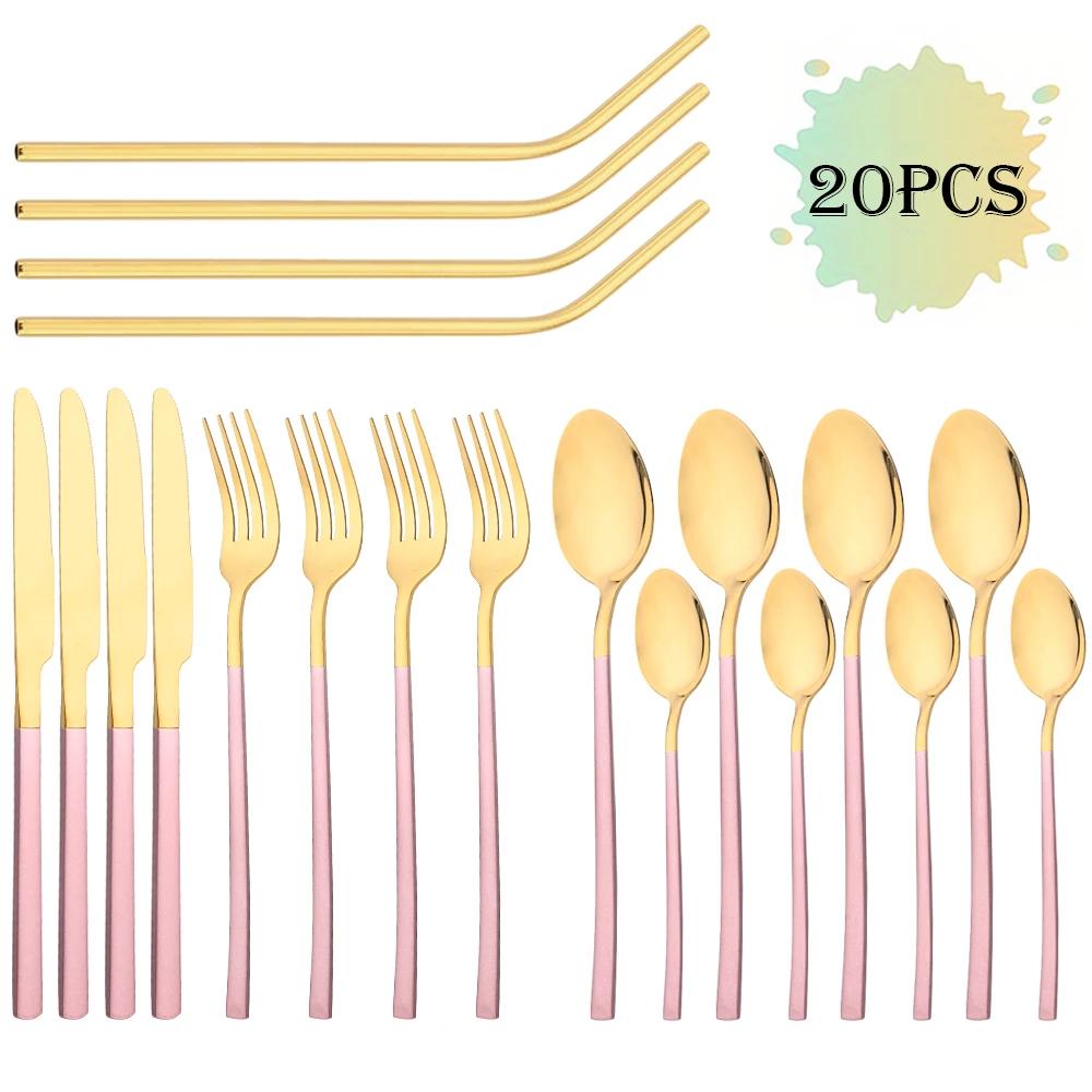 Set di stoviglie di lusso dorate da 20 pezzi Posate in acciaio inossidabile Coltello Forchetta Cucchiaio Cucchiaino Cannuccia in metallo Set di posate Posate da cucina