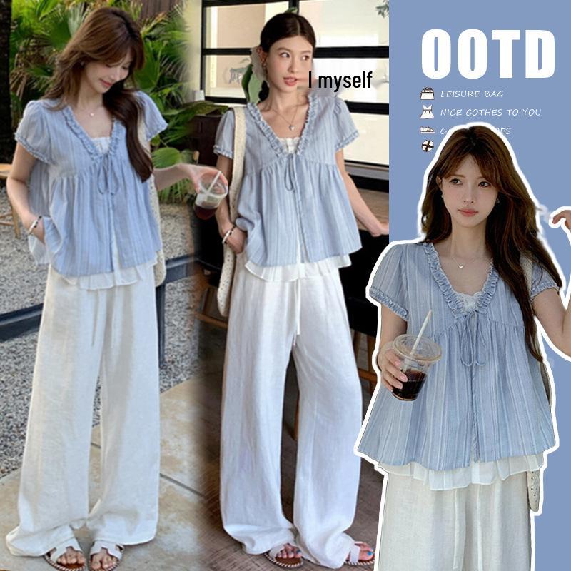 Lace Patchwork Ruffled Doll Top & Wide-Leg Pants Set (2026 Summer) L