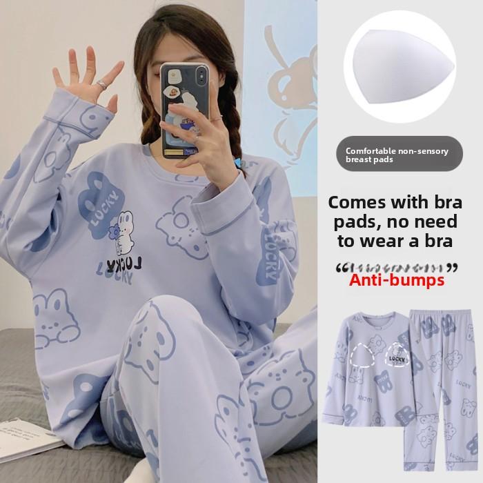 

осенний женский пижамный комплект с нагрудными вкладышами, весенняя повседневная мультяшная пижама с эластичной талией для девочек, мягкая домашняя одежда из ткани с длинным рукавом XXL