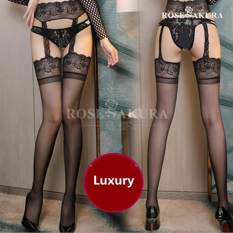 12D Women Sexy Garter Belt Stockings  In One Thigh High Socks Transparent Silk Lace Black Stockings Jarretelles Sexy Knee Socks