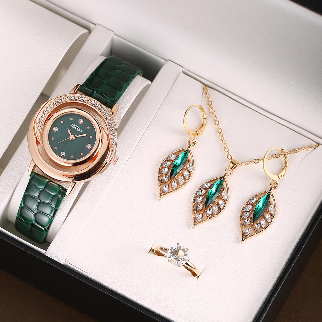 Womens Fashion Snake Print Leather Watch Jewelry Set With Diamond Accents For Gift