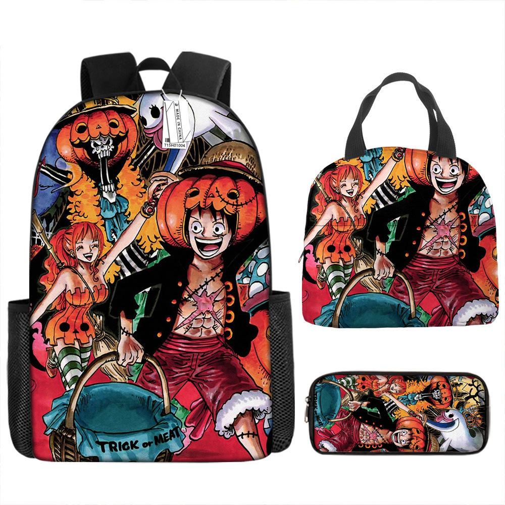 One Piece Luffy Rucksack 3-teiliges Set Schüler Schultasche Anime Rucksack Brotdose Klassisch Große Kapazität Wasserdicht