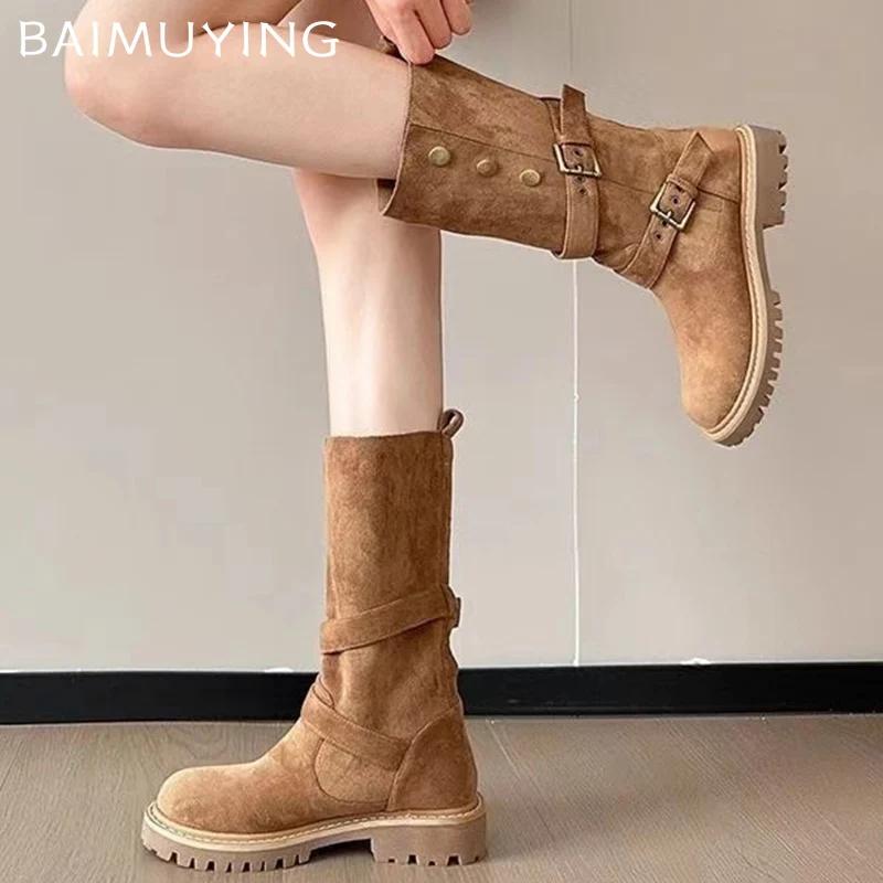 Wildleder Klobige Damen High Boots Designer Schnalle Mittelhohe Absätze Schuhe 2025 Trend Winter Pumps Goth Mid Calf Motorrad Botas De Mujer